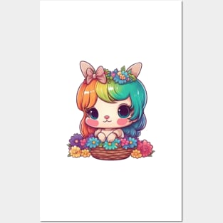 Kawaii Easter Bunny Girl In Basket With Spring Rainbow Flowers Posters and Art